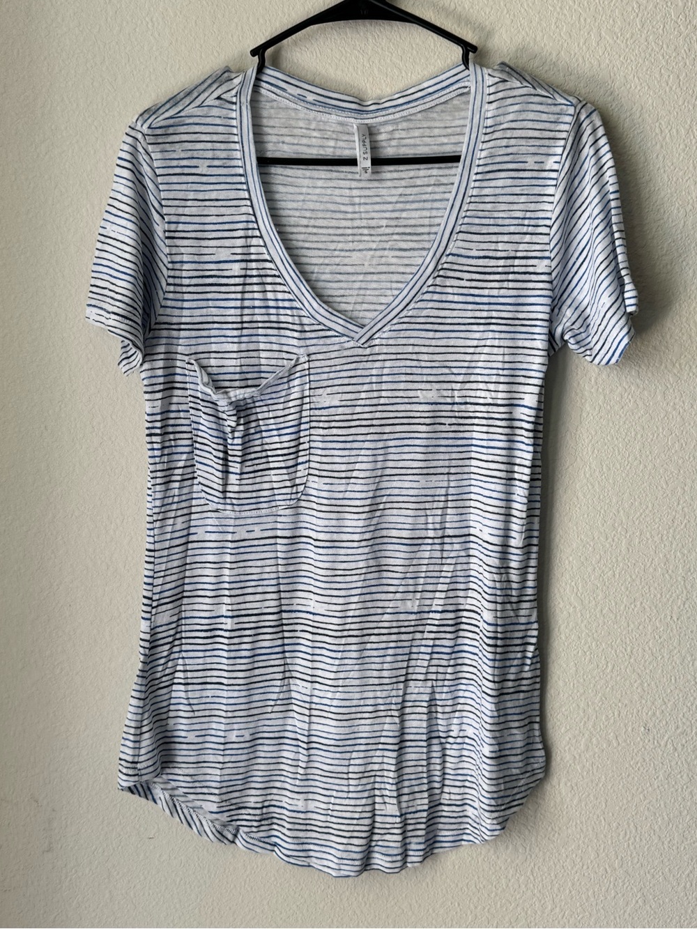 Z Supply White Tee with Navy‎ Stripe V-Neck and Pocket